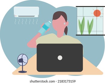 Woman drinking water in front computer. Vector illustration 