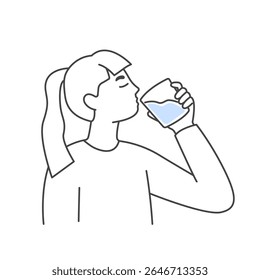Woman drinking water from glass. Line art illustration of healthy hydration and lifestyle. Minimalist design for health and wellness concept. Vector