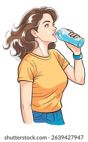 Woman drinking water illustration highlights hydration and a healthy lifestyle. Illustration is perfect for promoting healthy habits, fitness, or everyday refreshing moments