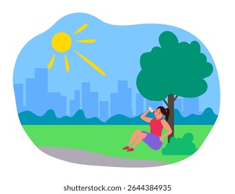 woman drinking water  sitting under the tree summer heatstroke first aid thirsty dehydration vector illustration