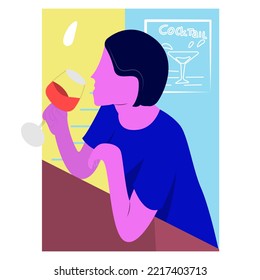 woman drinking wine at the bar aesthetic flat illustration vector perfect for banner