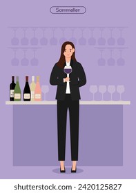 Woman drinking wine in bar vector illustration. Female bartender in a restaurant.