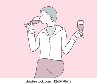 A woman drinking wine with both hands. hand drawn style vector design illustrations.