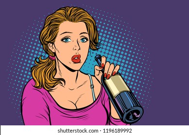 Woman drinking wine from a bottle. Loneliness and sadness. Pop art retro vector illustration vintage kitsch