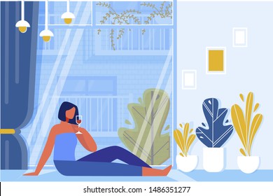 Woman Drinking Wine Glass Sitting on Floor near Big Window Flat Cartoon Vector Illustration. Relaxation in Evening in Living Room. Glass Wall with Curtains. Rest after Work. Romantic Mood.