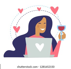 Woman drinking wine poured in glass and chatting online vector. Lady in good mood holding alcoholic beverage and looking at screen monitor of laptop. Messaging with her boyfriend female in love