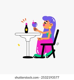 Woman Drinking Wine At Table In Flat Vector Illustration Symbolizing Relaxation, Socializing, And Solitude, Isolated On White Background