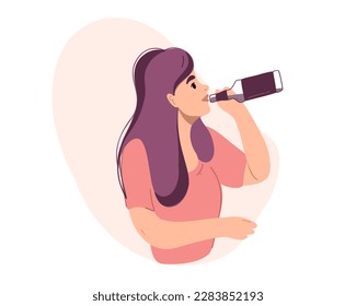 
A woman drinks alcohol from a bottle. Vector illustration