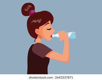 
Woman Drinks a Bottle of Water Vector Cartoon Illustration. Thirsty person hydrates on hot summer days 
