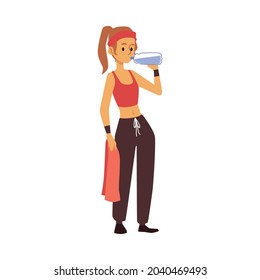 A woman drinks clean potable water from a bottle after sports, fitness, or exercise. Healthy lifestyle. Flat cartoon vector illustration isolated on a white background.