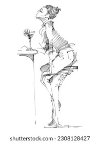 Woman drinks a cocktail at the bar. Silhouette of a female figure. Line drawing of a girl