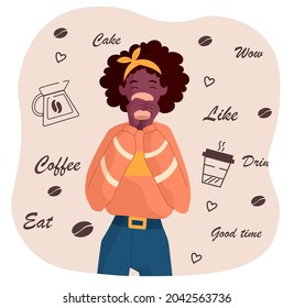 Woman drinks coffee concept. Beautiful female character holds plastic cup. Girl loves tea. Template with person and inscriptions. Cartoon modern flat vector illustration isolated on white background