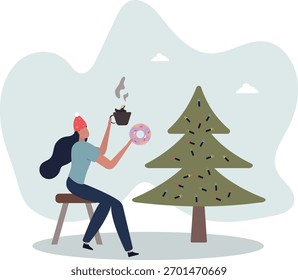 Una mujer bebe café y come una rosquilla con crema. Guirnaldas en un árbol de Navidad.