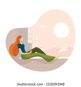 Woman drinks coffee and enjoys her free time and looking at pedestrians. Weekends.