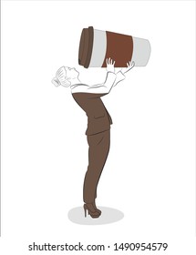 woman drinks coffee from a large mug. coffee is poured into a person. energy for work. coffee in humans by 80%. vector illustration.