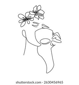 Woman Drinks Coffee Line Art Drawing. Female Head Creative Contemporary Abstract Drawing. Beauty Fashion Female Portrait, Elegant Vector Minimalist Art for Fashion Design, Wall Art, Print. Not AI