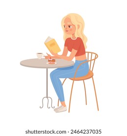 Woman drinks coffee or tea in cafe. Young female person with cup of coffee and cake sitting at table and reading book. Girl enjoy hot drink with pastry. Break for relaxation.