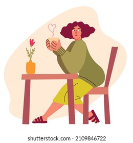 Woman drinks hot drink, coffee time, break in work, stylized color illustration in flat style