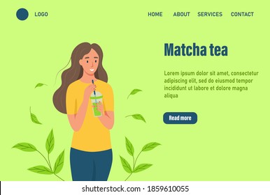 A woman drinks matcha tea landing page. The concept of proper nutrition and a healthy lifestyle. Website homepage landing web page template.Vector illustration