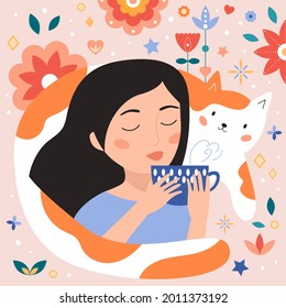 Woman drinks tea. Cute cartoon cat. Abstract flowers. Kawaii characters. Vector doodle illustration. Tea time.