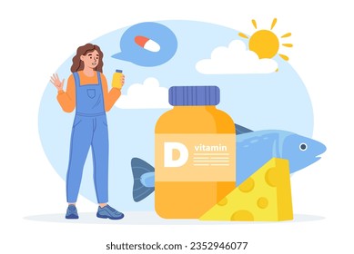 Woman drinks vitamins concept. Young girl with supplements. Healthy and active lifestyle and sports. Character with fish and cheese. Proper diet and nutrition. Cartoon flat vector illustration