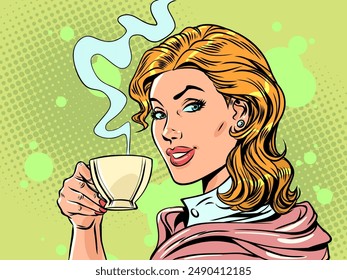 The woman drinks a warm drink and looks at you. Delicious and high-quality coffee and tea in our cafe. An invitation to try a drink to warm up. Pop Art Retro Vector Illustration Kitsch Vintage 50s 60s