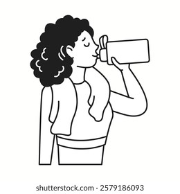 Woman drinks water from bottle after training linear icon. Lady athlete maintains hydration balance doodle character doodle thin line illustration