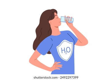 Woman drinks water from glass, dressed in t-shirt with h2o logo, uses aqua therapy to cleanse of toxins. Girl enjoys taste of purified mineral water obtained in environmentally friendly place