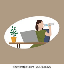 
Las mujeres beben agua mientras trabajan en la mesa. Trabajador independiente o de oficina. Vector de estilo plano. La mujer usa laptop y teléfono mientras trabaja en un proyecto en la oficina. Trabajo de oficina.