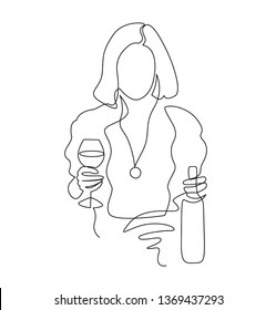 Woman drinks wine continuous one line drawing. Girl with wineglass, bottle hand drawn character. Romantic celebration with alcoholic beverages. Young lady cheers gesture minimalistic illustration
