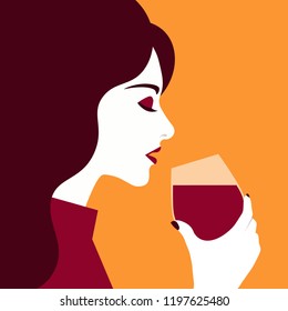 Woman drinks wine from a glass. Profile of a girl. Vector flat illustration