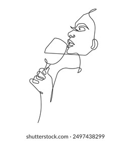 Frau trinkt Wein Linie Kunst Zeichnung. Mädchen Getränke Champagner Abstrakt Linear Silhouette auf Weiß. Frau mit Glas Moderne Linie Zeichnung für Glamour Logo Minimal Style, Wein Label Design. Vektor-EPS 10