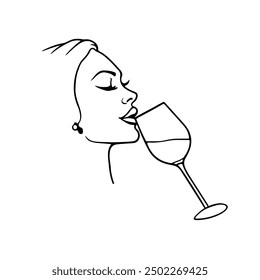 Woman Drinks Wine Line Art Drawing. Girl Drinks Champagne Abstract Linear Silhouette on White. Woman with Glass Modern Line Drawing for Glamour Logo Minimal Style, Wine Label Design. Vector EPS 10