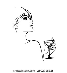 Woman Drinks Wine Line Art Drawing. Girl Drinks Champagne Abstract Linear Silhouette on White. Woman with Glass Modern Line Drawing for Glamour Logo Minimal Style, Wine Label Design. Vector EPS 10