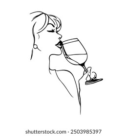 Woman Drinks Wine Line Art Drawing. Girl Drinks Champagne Abstract Linear Silhouette on White. Woman with Glass Modern Line Drawing for Glamour Logo Minimal Style, Wine Label Design. Vector EPS 10