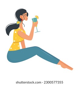 Una mujer toma vino mientras se sienta en el suelo. Hermosa chica con el pelo largo y un vaso de vino. Diseño de caracteres vectoriales en estilo plano. Descanso y relajación. Diseño aislado en un fondo blanco.