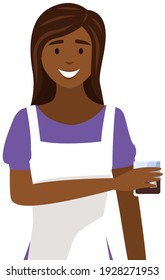 Woman with drinks is working in bar. Bartender with alcohol drink. Female character isolated on white background. Person creates cocktail for guest. Girl stands with glass of cola and rum with ice