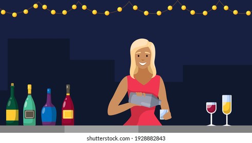 Woman with drinks is working in bar. Bartender making alcohol drink. Outdoor bar at night vector illustration. Girl with shaker in her hands pouring cocktail. Lady prepares drinks and mixes for guest