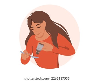 A woman drips medicinal drops into a spoon. Self care, health care. Vector illustration