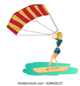 Woman drive at kite surfing. Back view. Girl windsurfing on water surface with air kite. Vector flat cartoon illustration on a isolated background