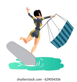 Woman drive at kite surfing. Back view. Girl loses her balance and falls. Vector flat cartoon illustration on a isolated background