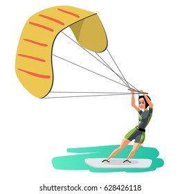 Woman drive at kite surfing. Girl windsurfing on water surface with air kite. Vector flat cartoon illustration on a isolated background