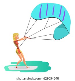 Woman drive at kite surfing. Girl windsurfing on water surface with air kite. Vector flat cartoon illustration on a isolated background