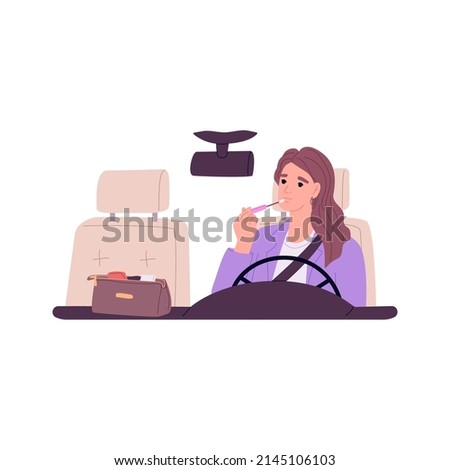 Woman driver applying lipstick, doing makeup, looking in rear view mirror behind steering wheel. Hurrying female with cosmetic inside auto. Flat vector illustration isolated on white background