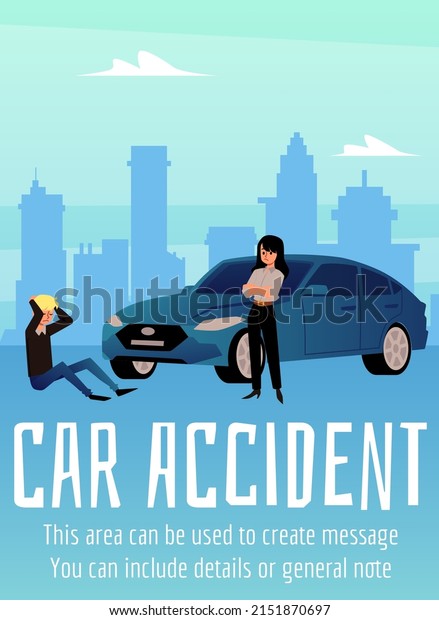 Woman driver\
of blue car and pedestrian gets into an accident. Illustration with\
accident, an emergency on road. Pedestrian collided with car,\
vector flat illustration