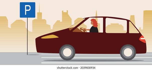 Woman driver car parking. Flat vector stock illustration. Parking road sign. Driving a car in the city. A young person rides. Vector graphics