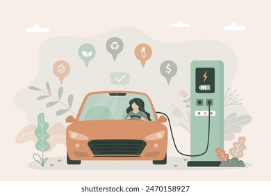 Mujer conductor Recargo coche eléctrico en la estación de carga. Carga rápida. Eco limpio transporte moderno, protección del medio ambiente. Tecnología de Ilustración vectorial plana eléctrica