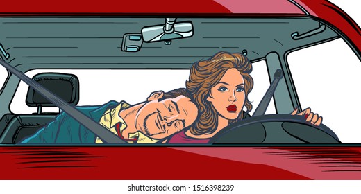 woman driver. couple in the car husband and wife. Pop art retro vector illustration drawing