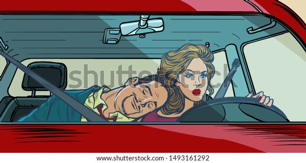 woman\
driver. couple in the car husband and wife. Pop art retro vector\
illustration drawing. background with\
highlights