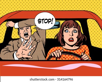 woman driver driving school panic calm retro style pop art. Car and transport